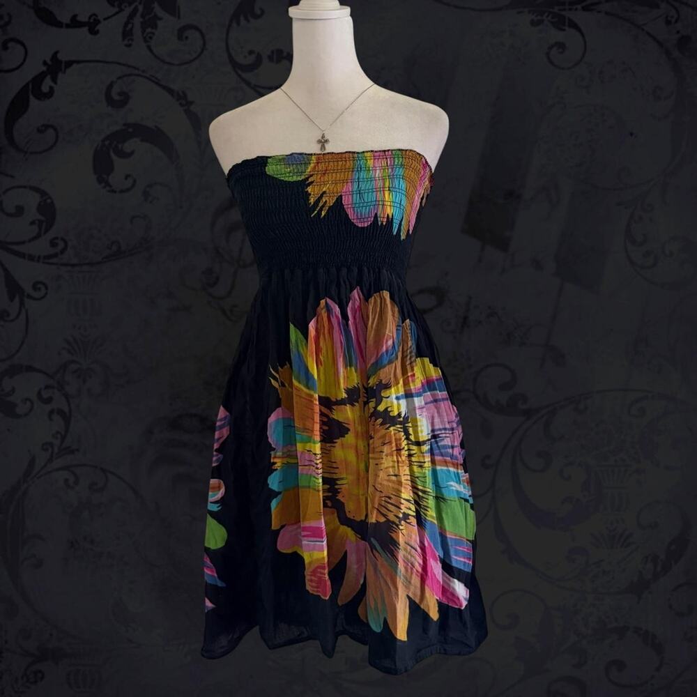 oversized tropical floral black strapless vaca tube dress